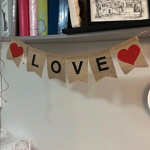 Love Burlap Banner with Red Hearts